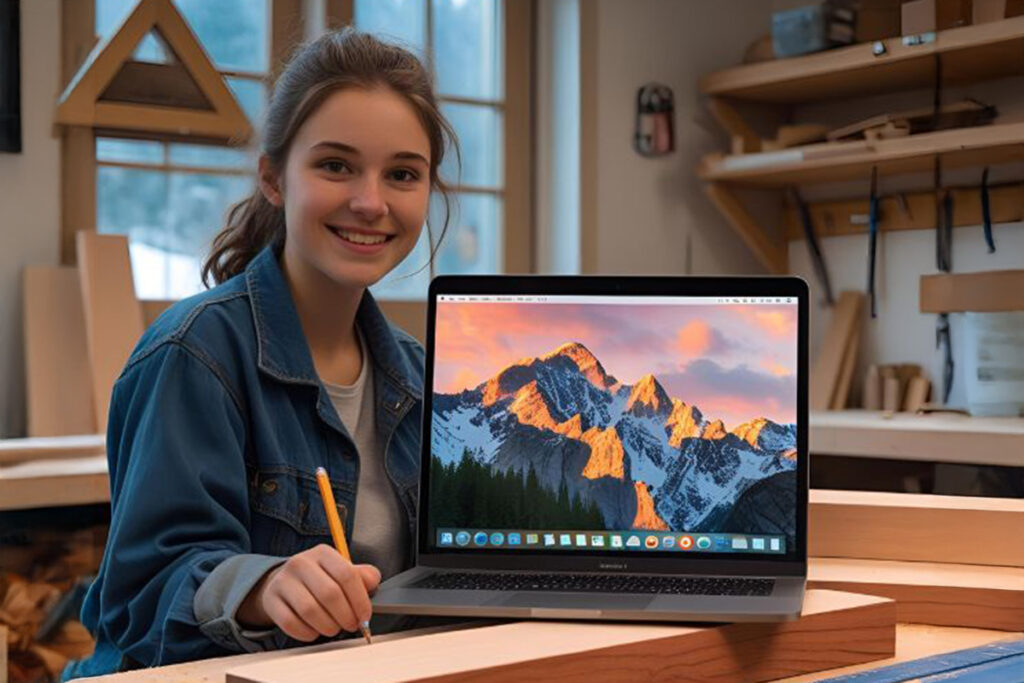 Junge Frau in der Werkstatt sitzt vor ihrem Laptop
